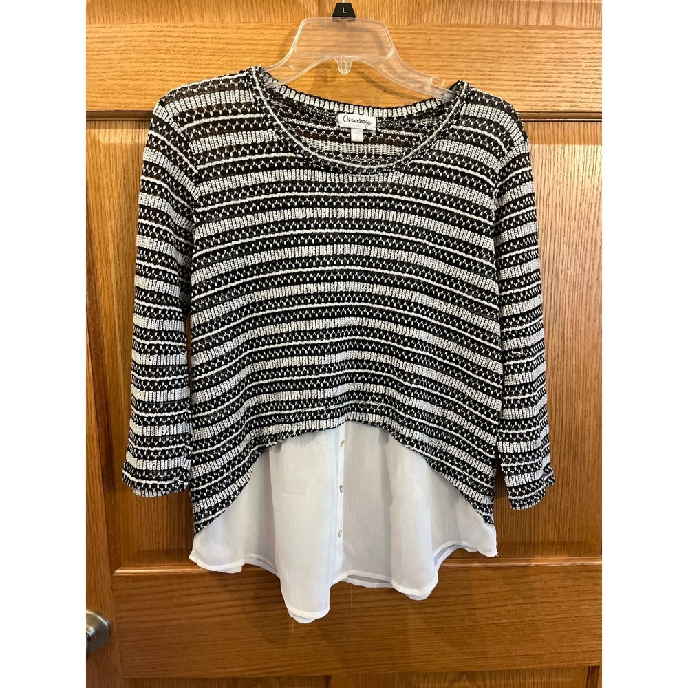 Preppy Parisian Chic Modern Minimalist Black & White Layered Striped Womens Med
